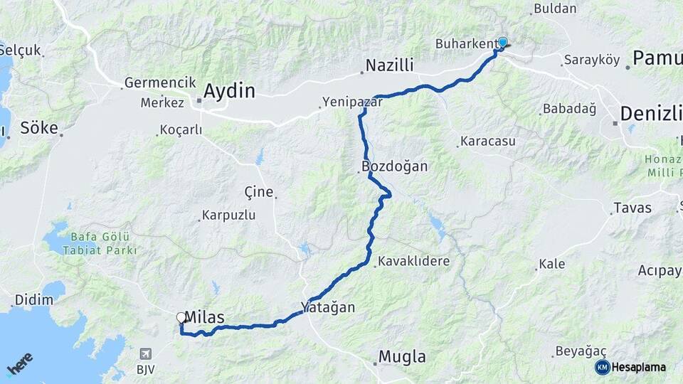 Aydın Buharkent Milas Muğla Arası Kaç Km - Yol Haritası
