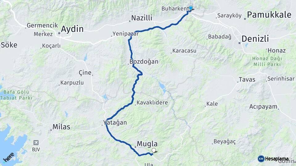Aydın Buharkent Muğla Arası Kaç Km - Yol Haritası