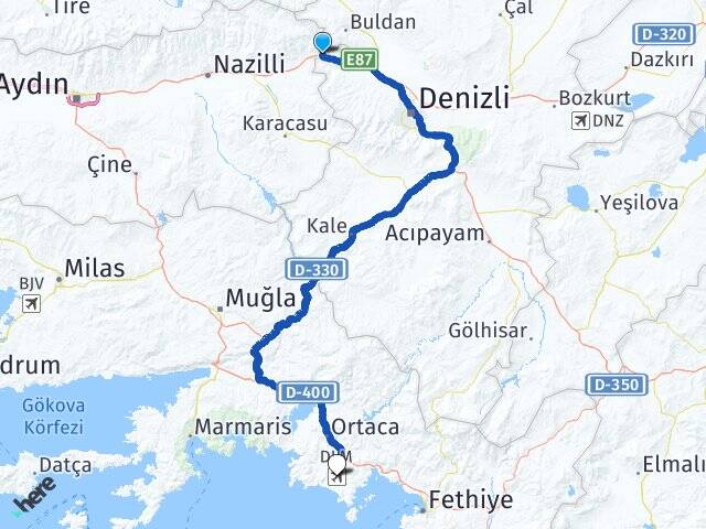 Aydın Buharkent Muğla Dalaman Havalimanı Arası Kaç Km - Yol Haritası