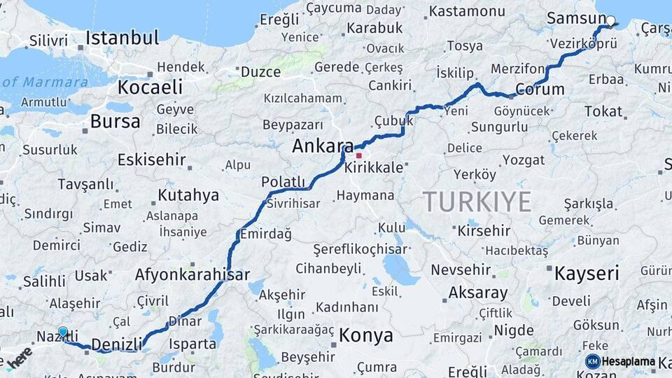 Aydın Buharkent Samsun Arası Kaç Km - Yol Haritası