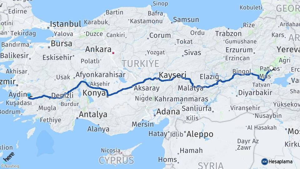 Aydın Bulanık Muş Arası Kaç Km - Yol Haritası