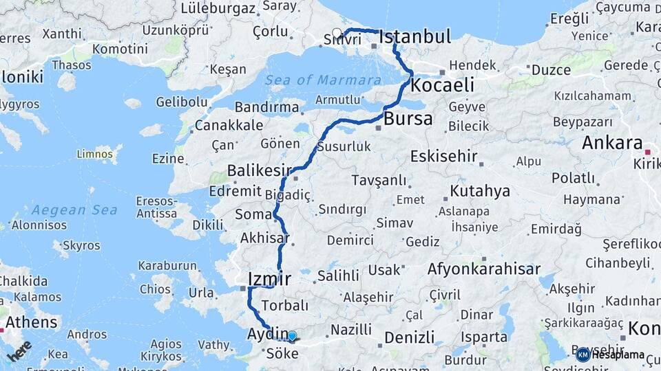 Aydın Çatalca İstanbul Arası Kaç Km - Yol Haritası