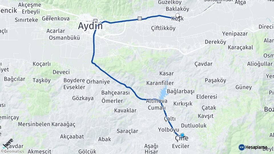Aydın Çine Köşk Arası Kaç Km - Yol Haritası