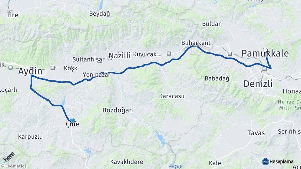 Aydın Çine Pamukkale Denizli Arası Kaç Km - Yol Haritası