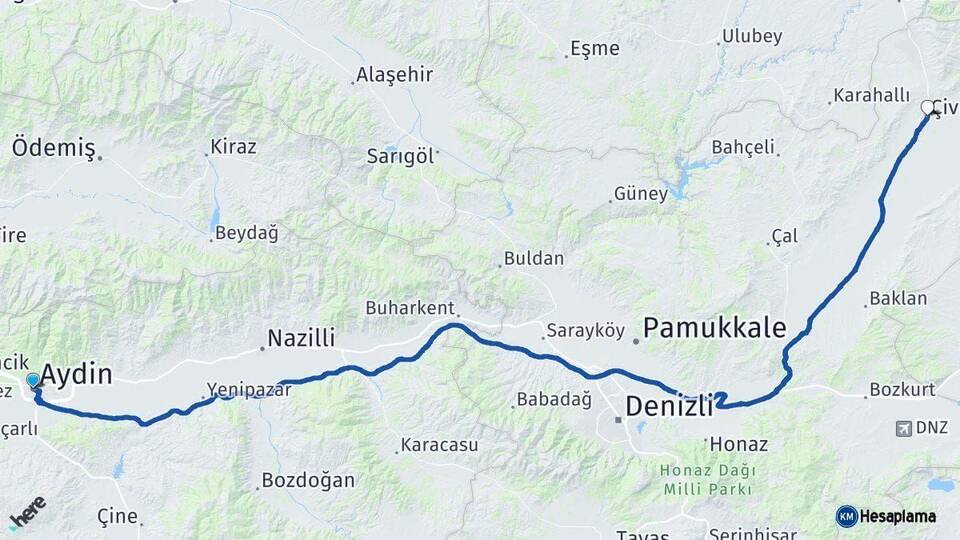 Aydın Çivril Denizli Arası Kaç Km - Yol Haritası