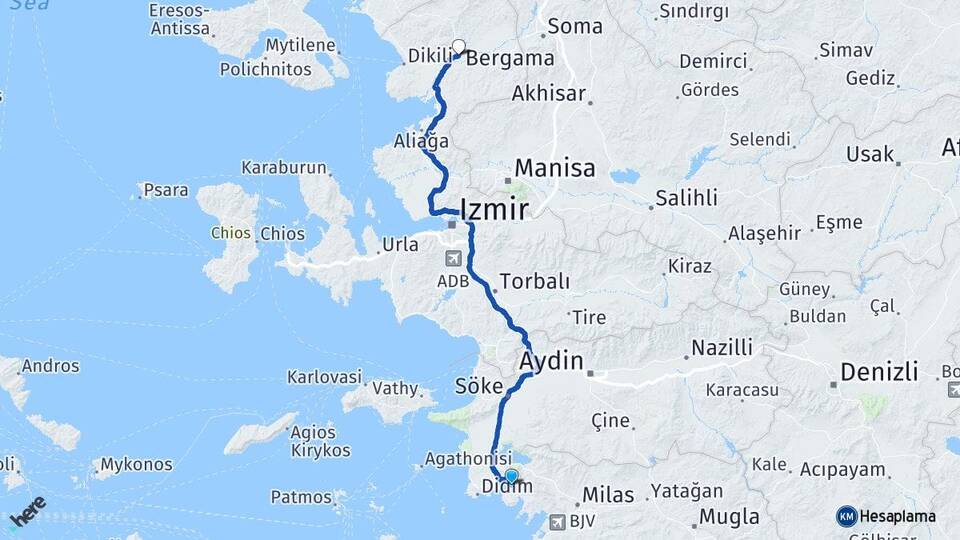 Aydın Didim Akbük Bergama İzmir Arası Kaç Km - Yol Haritası
