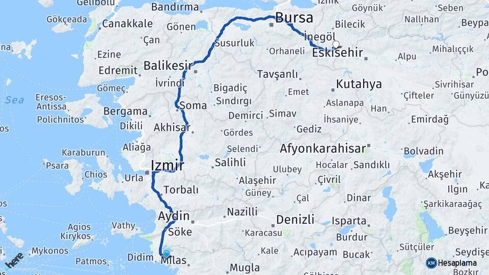 Aydın Didim Akbük Bozüyük Bilecik Arası Kaç Km - Yol Haritası
