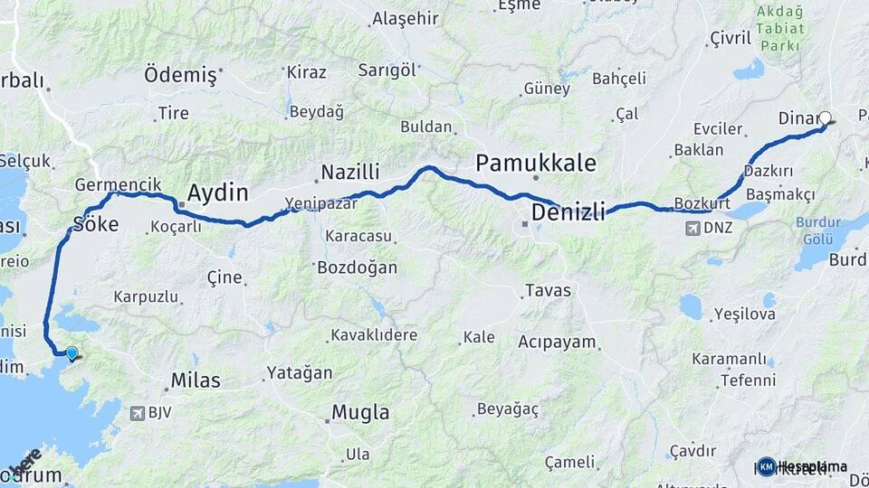 Aydın Didim Akbük Dinar Afyonkarahisar Arası Kaç Km - Yol Haritası