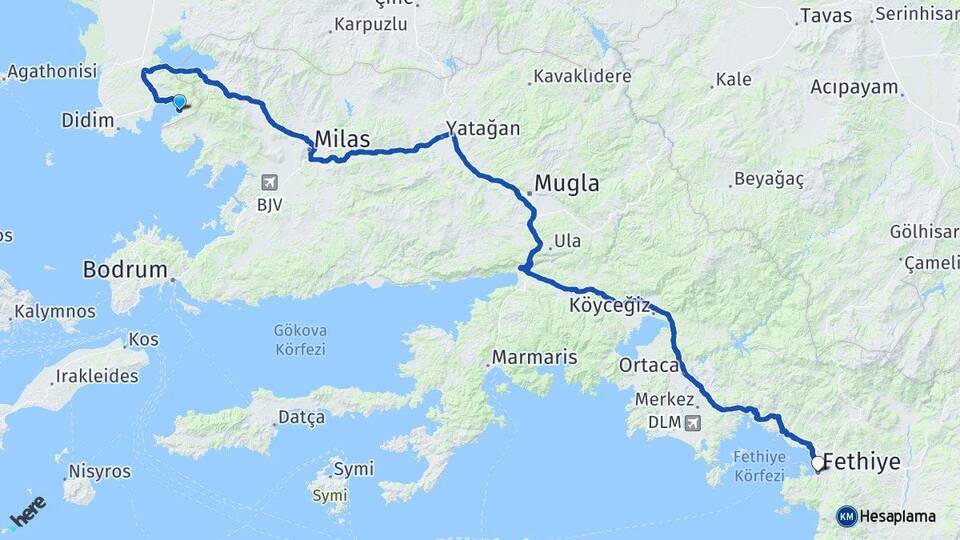 Aydın Didim Akbük Fethiye Muğla Arası Kaç Km - Yol Haritası