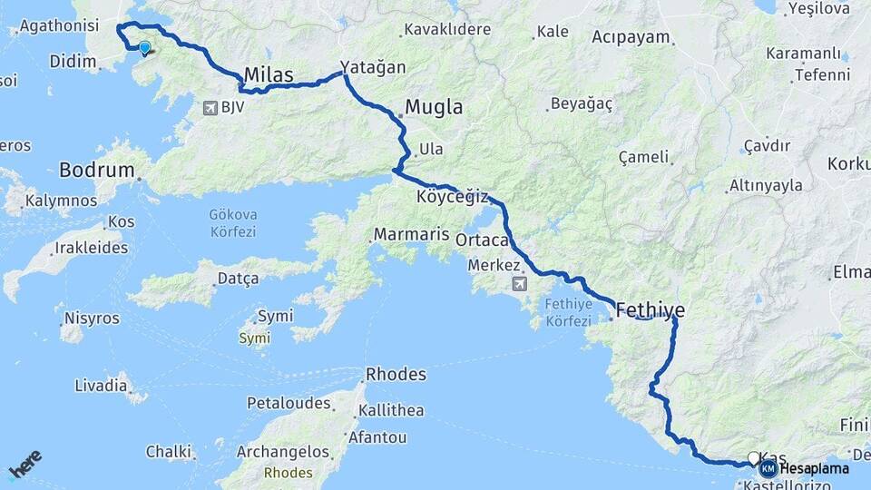 Aydın Didim Akbük Kaş Antalya Arası Kaç Km - Yol Haritası