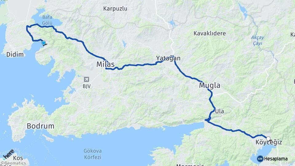 Aydın Didim Akbük Köyceğiz Muğla Arası Kaç Km - Yol Haritası
