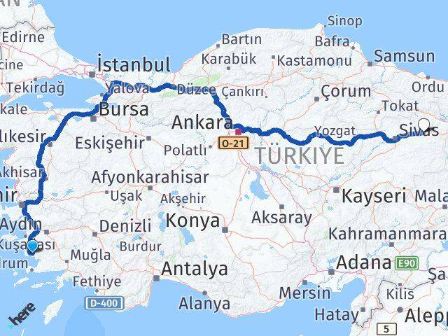 Aydın Didim Akbük Zara Sivas Arası Kaç Km - Yol Haritası