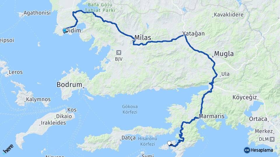 Aydın Didim Bozburun Marmaris Muğla Arası Kaç Km - Yol Haritası