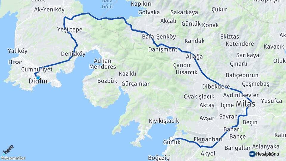 Aydın Didim Güllük Milas Muğla Arası Kaç Km - Yol Haritası