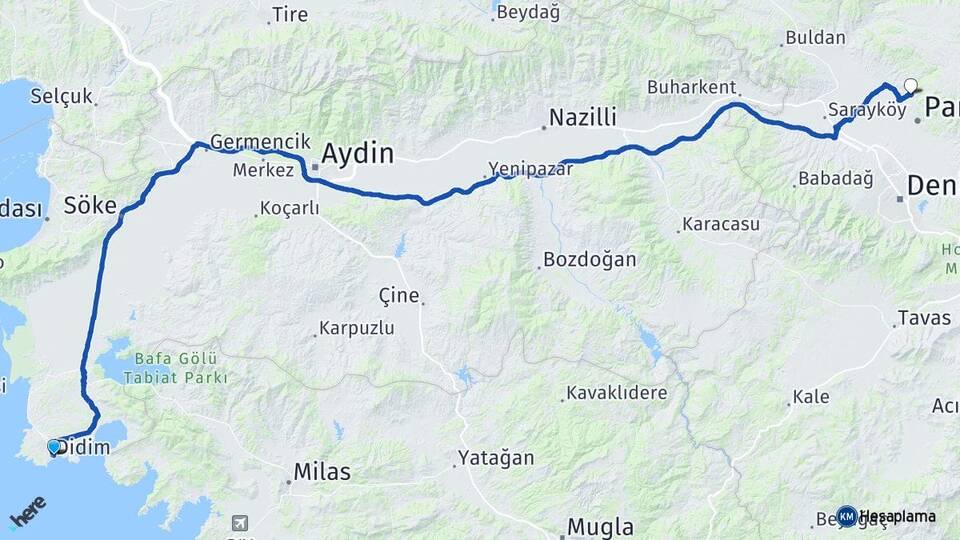 Aydın Didim Karahayıt Pamukkale Denizli Arası Kaç Km - Yol Haritası