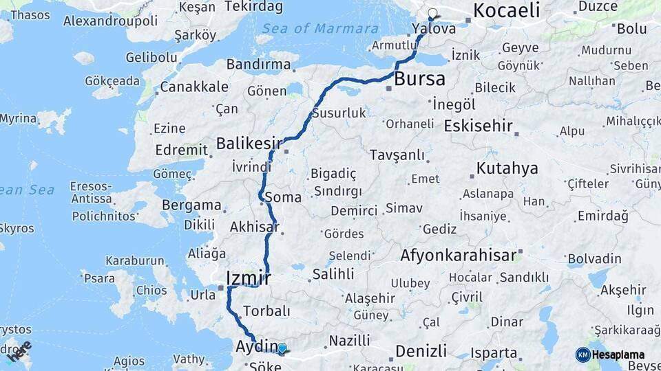 Aydın Dilovası Kocaeli Arası Kaç Km - Yol Haritası