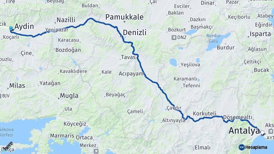 Aydın Efeler Antalya Arası Kaç Km - Yol Haritası