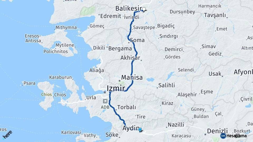Aydın Efeler Balıkesir Arası Kaç Km - Yol Haritası