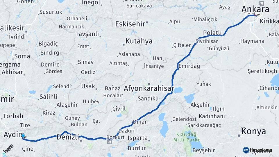 Aydın Efeler Çankaya Ankara Arası Kaç Km - Yol Haritası