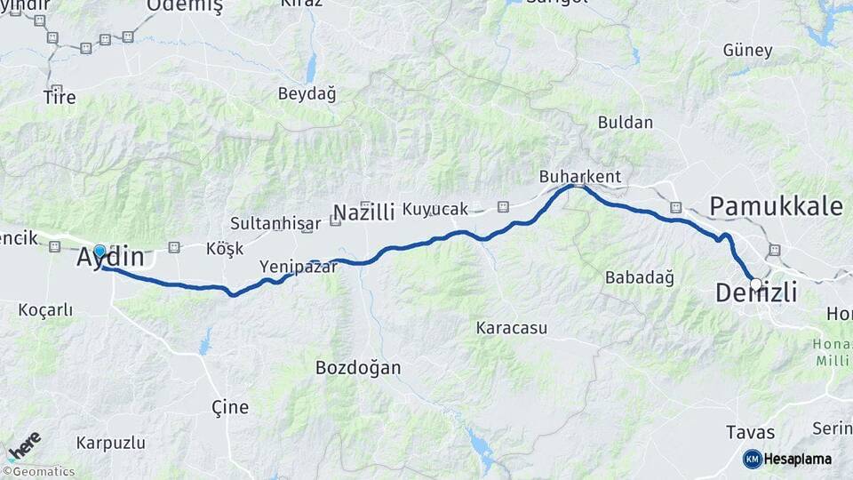 Aydın Efeler Denizli Arası Kaç Km - Yol Haritası