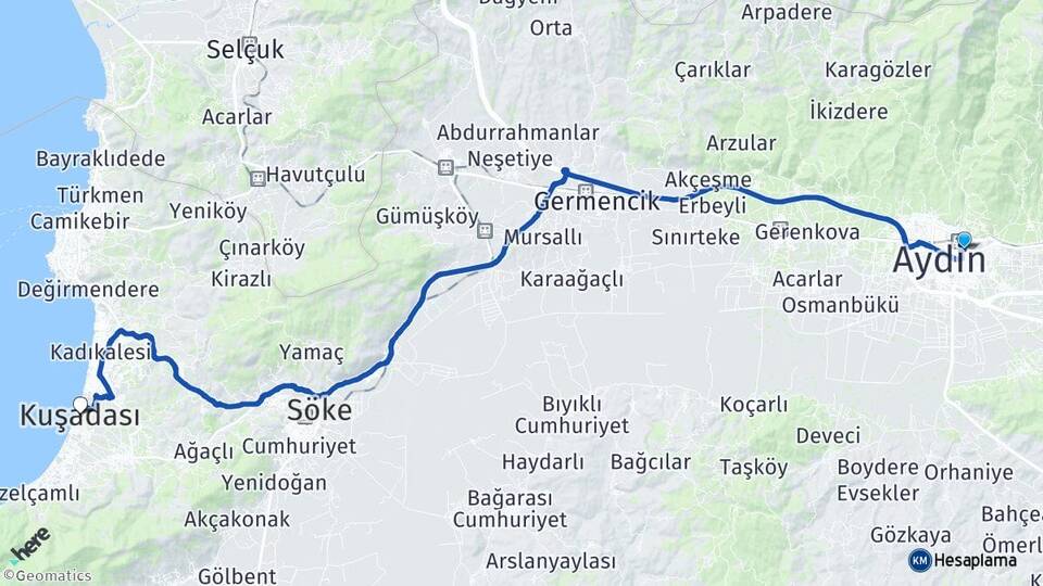 Aydın Efeler Güzelhisar Kuşadası Arası Kaç Km - Yol Haritası