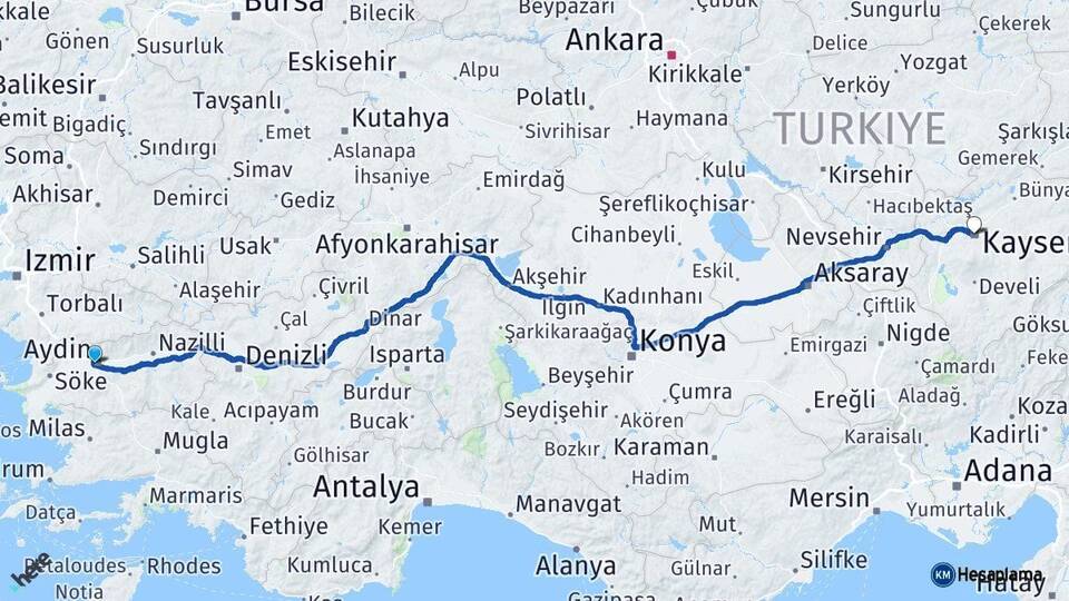 Aydın Efeler Kayseri Arası Kaç Km - Yol Haritası