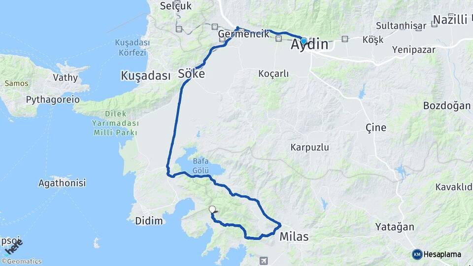 Aydın Efeler Kazıklı Milas Muğla Arası Kaç Km - Yol Haritası