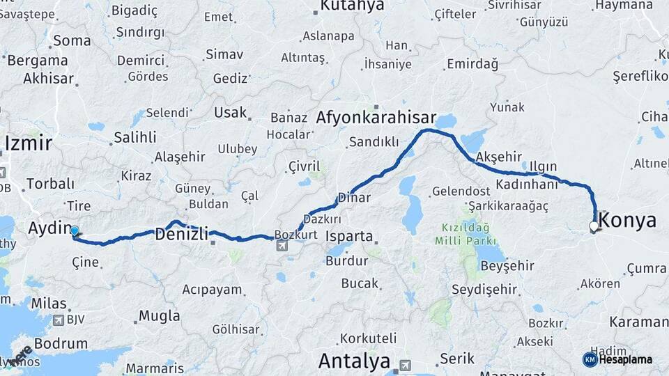Aydın Efeler Konya Arası Kaç Km - Yol Haritası