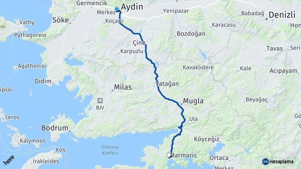 Aydın Efeler Marmaris Muğla Arası Kaç Km - Yol Haritası
