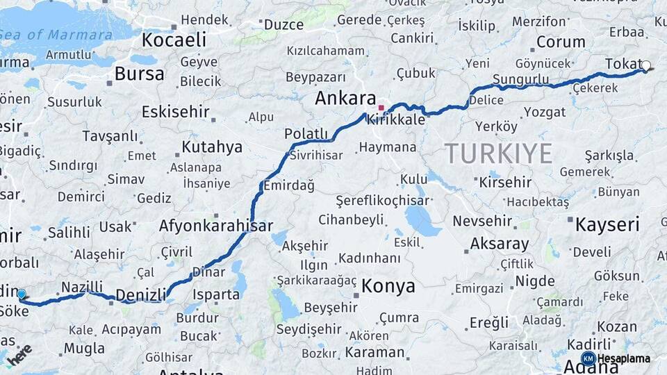Aydın Efeler Tokat Arası Kaç Km - Yol Haritası