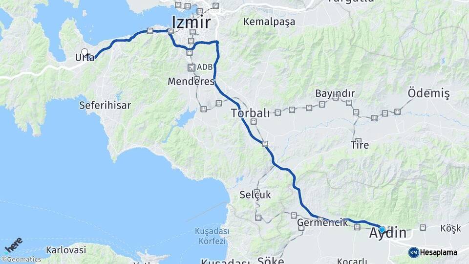 Aydın Efeler Urla İzmir Arası Kaç Km - Yol Haritası
