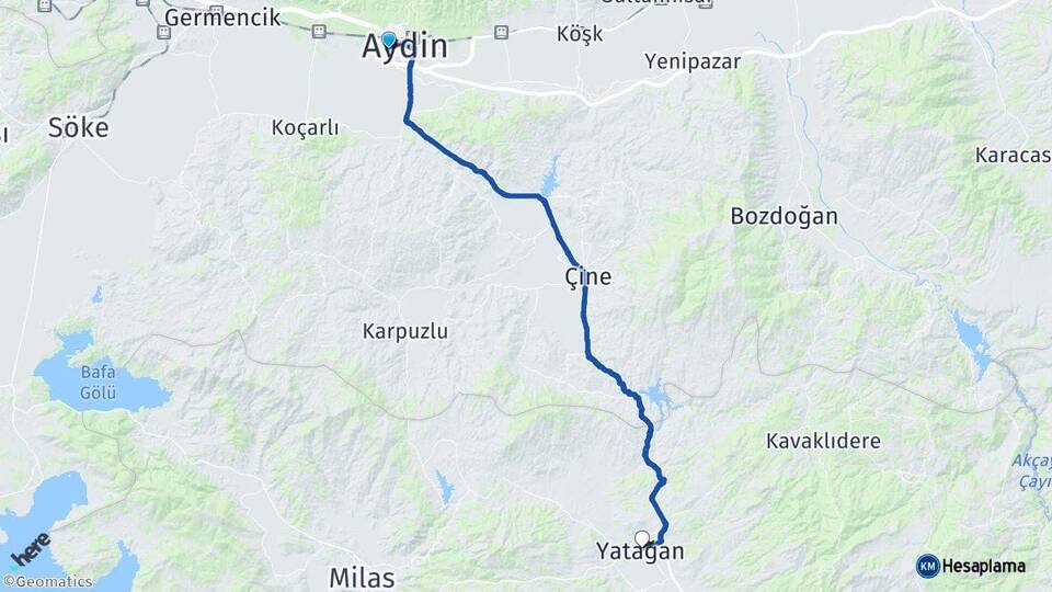 Aydın Efeler Yatağan Muğla Arası Kaç Km - Yol Haritası