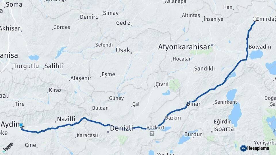 Aydın Emirdağ Afyonkarahisar Arası Kaç Km - Yol Haritası