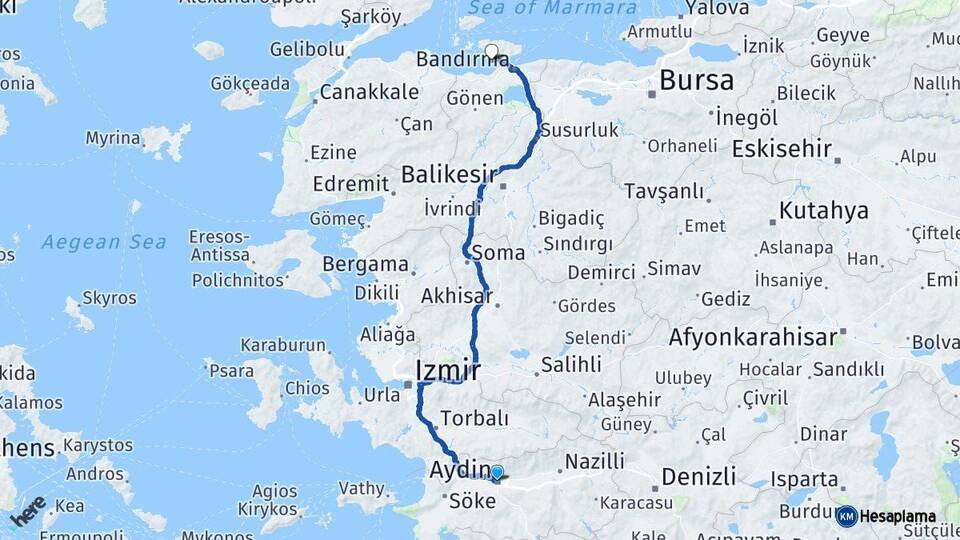 Aydın Erdek Balıkesir Arası Kaç Km - Yol Haritası
