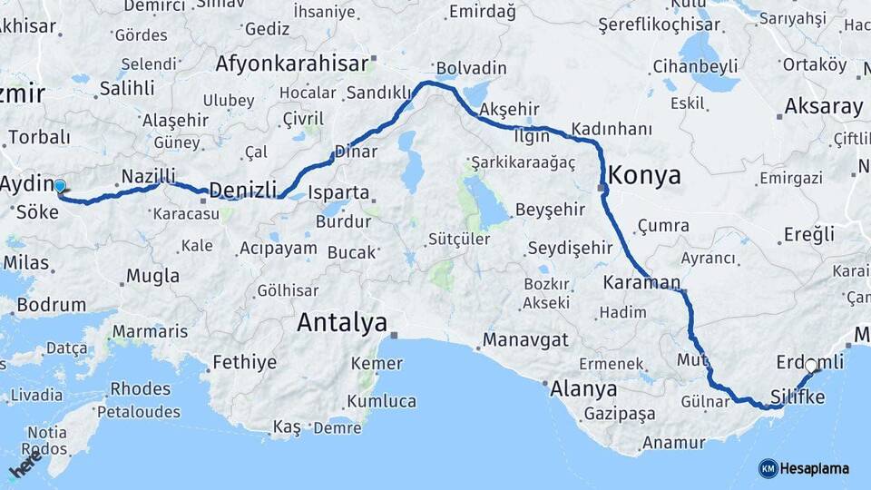 Aydın Erdemli Mersin Arası Kaç Km - Yol Haritası