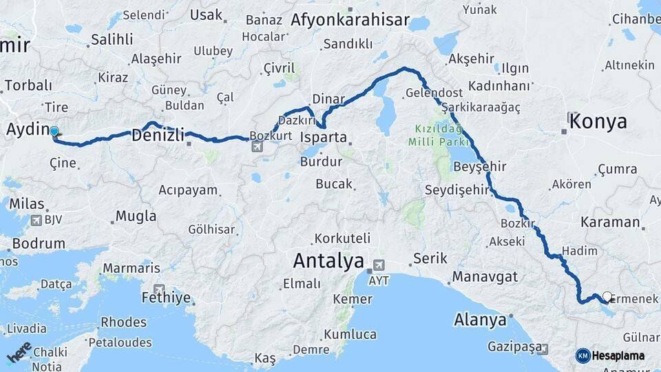 Aydın Ermenek Karaman Arası Kaç Km - Yol Haritası