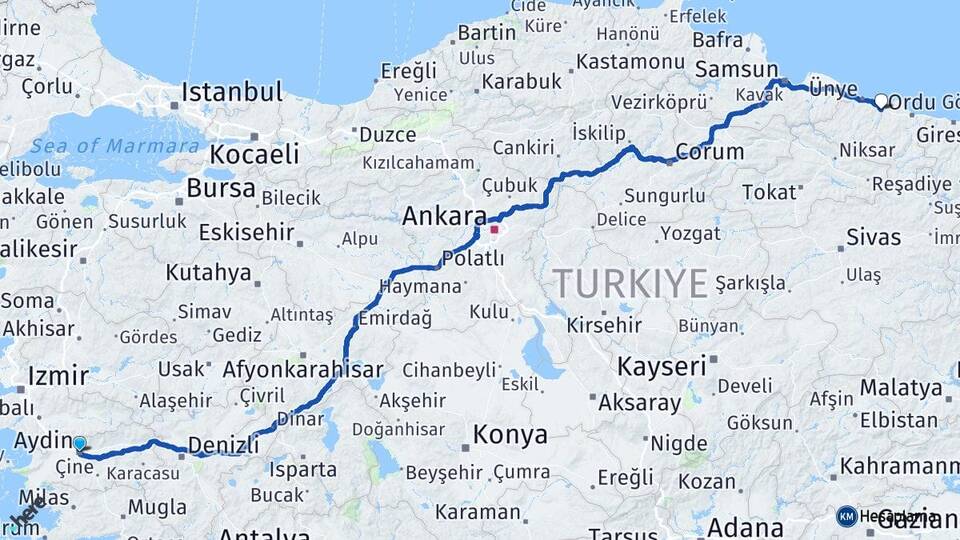 Aydın Fatsa Ordu Arası Kaç Km - Yol Haritası