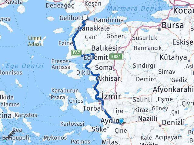 Aydın Gelibolu Çanakkale Arası Kaç Km - Yol Haritası