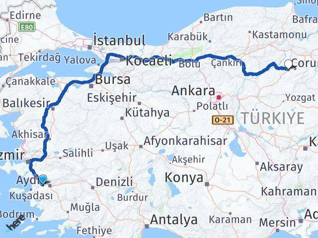 Aydın Germencik Çorum Arası Kaç Km - Yol Haritası
