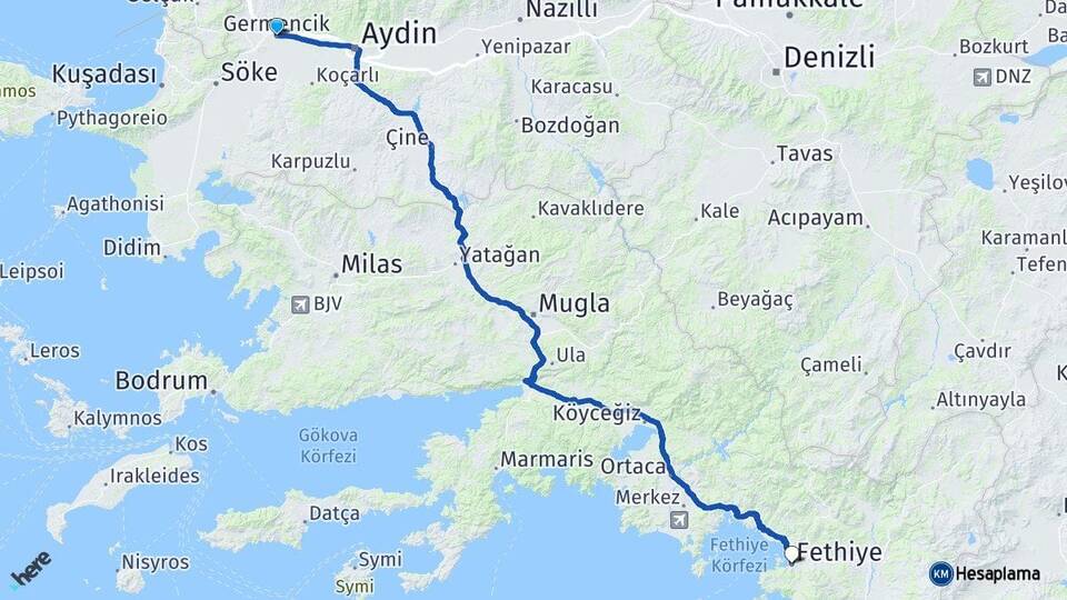 Aydın Germencik Fethiye Muğla Arası Kaç Km - Yol Haritası