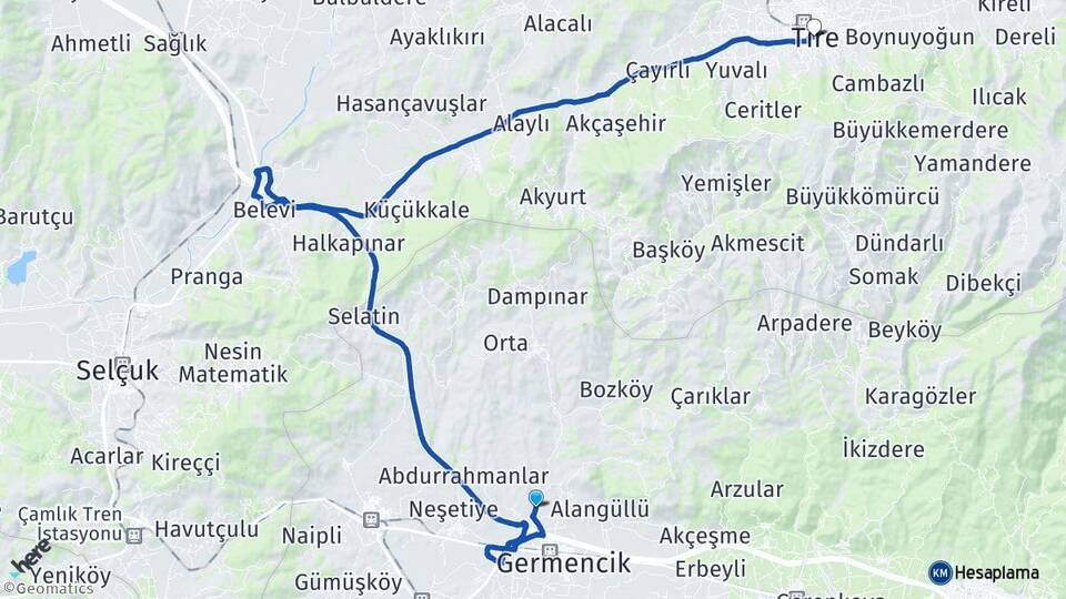 Aydın Germencik Hıdırbeyli Tire İzmir Arası Kaç Km - Yol Haritası