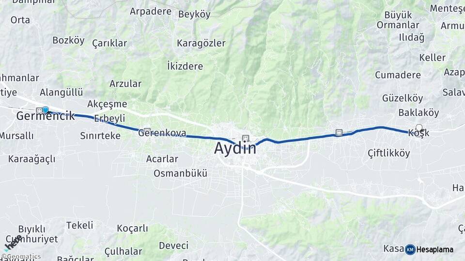Aydın Germencik Köşk Arası Kaç Km - Yol Haritası