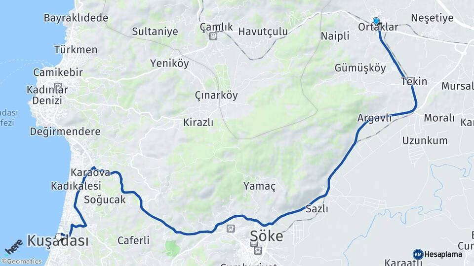 Aydın Germencik Ortaklar Kuşadası Arası Kaç Km - Yol Haritası
