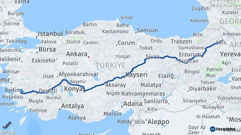 Aydın Göle Ardahan Arası Kaç Km - Yol Haritası