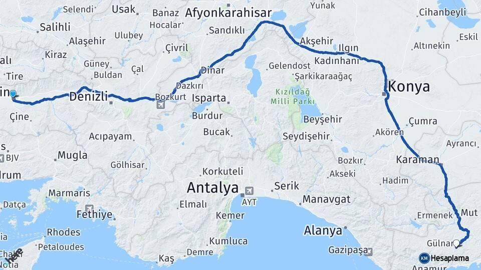 Aydın Gülnar Mersin Arası Kaç Km - Yol Haritası