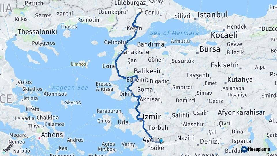 Aydın Hayrabolu Tekirdağ Arası Kaç Km - Yol Haritası