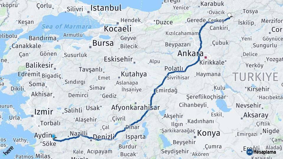 Aydın Ilgaz Çankırı Arası Kaç Km - Yol Haritası