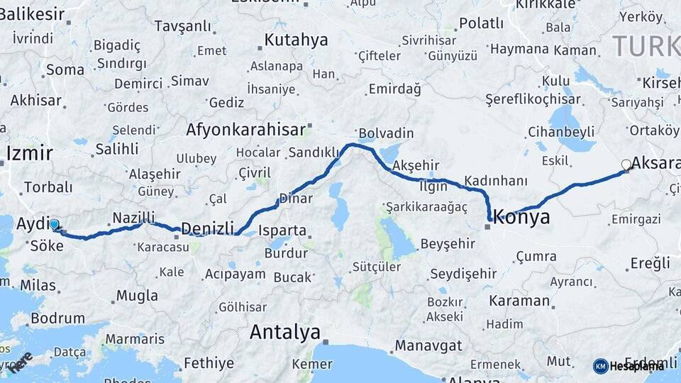 Aydın İncirliova Aksaray Arası Kaç Km - Yol Haritası