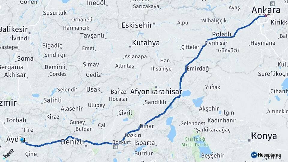 Aydın İncirliova Ankara Arası Kaç Km - Yol Haritası