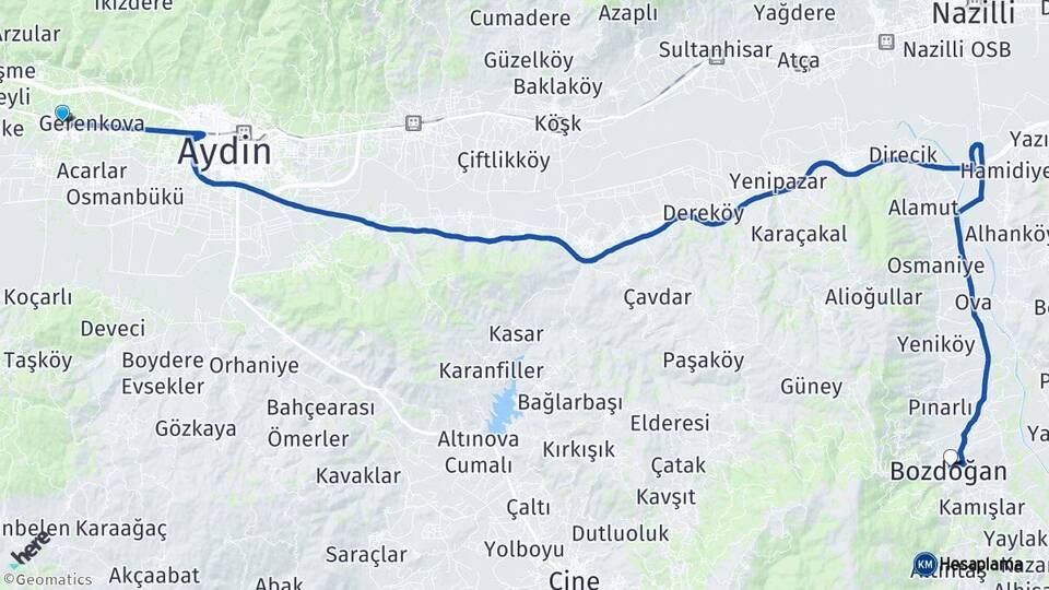 Aydın İncirliova Bozdoğan Arası Kaç Km - Yol Haritası